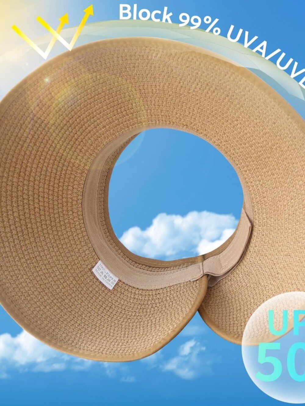 Sun Hats for Women Wide Brim Roll-Up Ponytail Packable Straw Visor - Picture 2 of 7